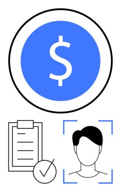 Mavi çemberdeki dolar sembolü, kontrol işaretli belge listesi ve yüz tanıma çizgisi. Finans, uyum, kimlik doğrulama, biyometri, bankacılık, güvenlik soyut hattı için ideal