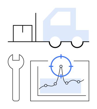 Kargo kamyonu, mekanik anahtar ve hedef sembollü grafik. Tedarik zinciri yönetimi, lojistik, araç tamir, veri ölçümleri, iş stratejileri, soyut işlemler için ideal