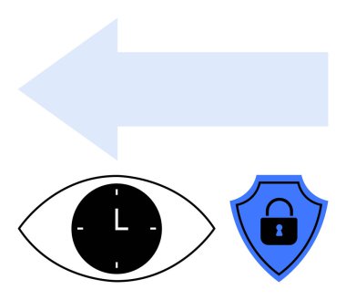 Sol ok, saatli göz ve kilit sembollü mavi kalkan navigasyon, zaman farkındalığı ve güvenlik. Zaman yönetimi, veri koruması, yön, organizasyon karar verme süreci için ideal