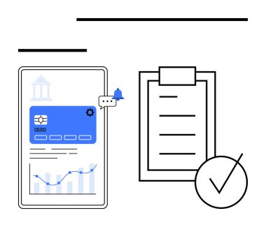 Tablet bankacılık verilerini, kredi kartı bilgilerini ve analizleri gösteriyor. Kontrol listesi ve işaretli pano tamamlama ve planlama iletilerini iletir. Finansal teknoloji, organizasyon ve görev yönetimi için ideal