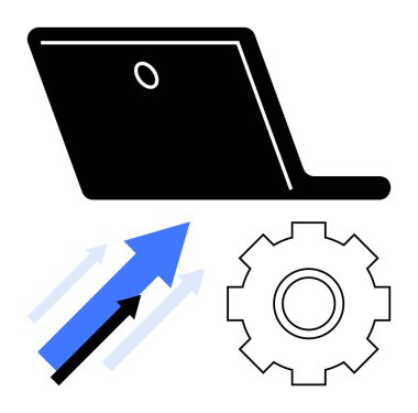 Diz üstü bilgisayarın yanı sıra yukarı doğru ok ve teçhizat ilerlemeyi, yeniliği ve operasyonel verimliliği gösteriyor. Teknoloji, iş stratejisi, üretkenlik, dijital dönüşüm, eğitim, büyüme için ideal