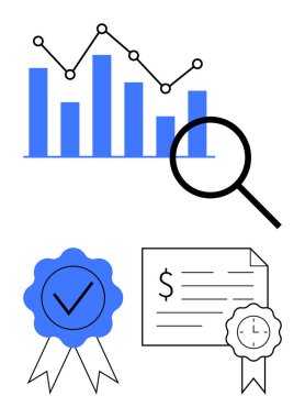 Büyüteçle çizelge çizelgesi, işaretli sertifika şeridi, mühürlü resmi belge. Veri analizi, iş sezgileri, kalite güvencesi ve mali denetimler için ideal