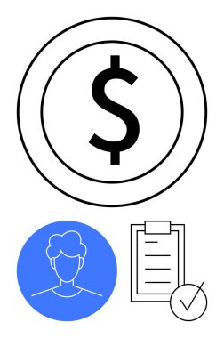 Büyük paralar, mavi kullanıcı profili simgesi ve işaretli kontrol listesi. Finans, bütçe, kişisel yönetim, onay sistemleri, iş doğrulama, HR süreçleri için ideal soyut çizgi