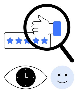 Beş yıldızlı büyüteçten daha iyi, saatli dikkatli bir göz ve mutlu bir yüz. Müşteri memnuniyeti, değerlendirmeler, geri bildirim, değerlendirme sistemleri, zaman izleme ve izleme için ideal