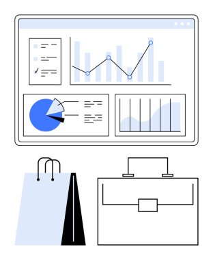 Veri analizi paneli, grafikler, pasta çizelgesi ve çizelge, alışveriş çantası ve çantanın yanında. İş analizi, e-ticaret, perakende, pazarlama, yatırımlar için idealdir.