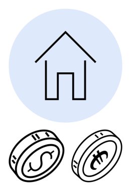 Simplified house icon above US dollar and Japanese yen coins. Ideal for real estate, finance, investment, housing market, exchange rates, global business, and wealth-building. Line metaphor clipart