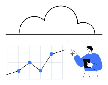 Tabletli bir adam bulut simgesi altında yükselen trend çizelgesini analiz ediyor. Veri analizi, bulut teknolojisi, iş büyümesi, teknoloji sunumları, eğitim, tahmin, soyut çizgi düz metaforu için ideal