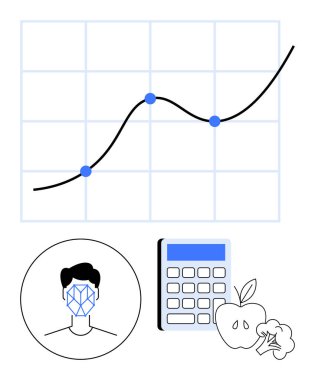 Düğümlü çizgi grafiği, biyometrik yüz tanıma, hesap makinesi, elma ve brokoli. Veri görselleştirme, sağlık izleme, teknoloji, analitik biyometrik tahminleri için ideal soyut çizgi düz