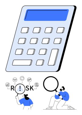 Büyük hesap makinesi, finansal semboller ve RISK 'i büyüteçle inceleyen insanlar. Finans, muhasebe, risk analizi, iş stratejisi, problem çözme, planlama araştırmaları için ideal