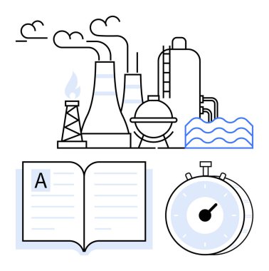 Endüstriyel bacalar, gaz alevleri, su dalgaları, kronometre ve açık kitap dizilimi. Eğitim, enerji üretimi, verimlilik, sürdürülebilirlik, teknik zaman planlama için idealdir.