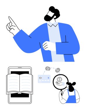 Parmakla işaret eden bir adam, tablet üzerinde dijital bir kitap, para yerine büyüteç kullanan bir el, para akışında oklu bir kredi kartı. Eğitim, e-öğrenim ve finans için ideal