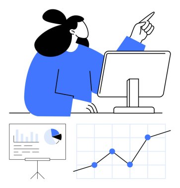 Masadaki kadın ekrandaki verileri analiz ediyor, yukarıya bakıyor. Grafikler, grafikler aşağıda gösteriliyor. Veri analizi, takım sunumları, iş büyümesi, strateji, eğitim planlama soyut çizgisi için ideal