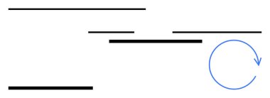 Mavi dairesel ok değişik uzunluklardaki yatay siyah çizgilerle etkileşime giriyor. Süreç döngüleri, iş akışı, yineleme, zaman yönetimi, otomasyon, geri bildirim, soyut düz metafor için ideal