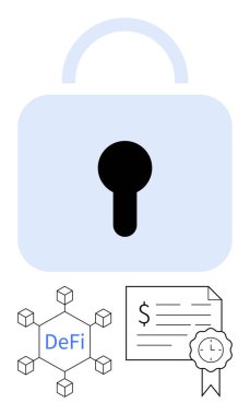 Büyük asma kilit güvenliği simgeler. DeFi etiketli blok zinciri yapısı ve dolar işaretli akıllı sözleşme merkezi olmayan finans öneriyor. Finans, engelleme zinciri, güvenlik, akıllı sözleşmeler için ideal