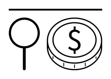 Dolar işareti olan bir madeni paranın yanında büyüteç, mali analizi, yatırım incelemesini, maliyet değerlendirmesini temsil ediyor. Finans, iş stratejisi, zenginlik yönetimi, tasarruf hedefleri için ideal