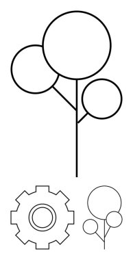 Dairesel şekilli ve mekanik teçhizatlı soyut ağaç, doğa ve teknolojiyi harmanlıyor. Sürdürülebilirlik, büyüme, yenilik, denge, ekosistem, mühendislik, soyut düz metafor için ideal