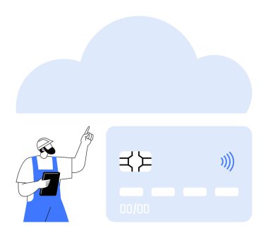 Teknisyen tablet kullanarak kredi kartının üstündeki bulutu işaret ediyor. Fintech, bulut depolama, dijital ödeme, teknoloji evlat edinme, çevrimiçi bankacılık, bilişim hizmetleri, soyut çizgi düz metaforu için ideal