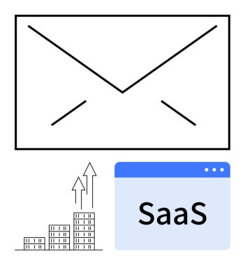 Email envelope, SaaS browser window, and bar chart with upward arrows. Ideal for marketing, software growth, analytics, communication, business scaling, development abstract line flat metaphor clipart