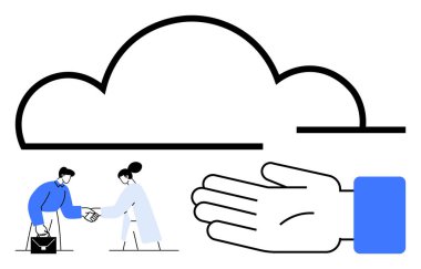 Büyük bulut sembolü, yakınlarda tokalaşan iki insan, açık avuç içi çizimi. Ticari işbirliği, bulut hesaplama, ortaklık, destek, takım çalışması, ağ güvenilirliği konuları için ideal