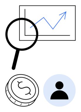 Büyüteç ve madeni para odaklı, yukarı doğru eğilim çizgisi olan grafik, kullanıcı simgesi. Mali analiz, yatırım büyümesi, iş stratejisi, ekonomi çalışmaları, piyasa araştırması, veri analizi için ideal