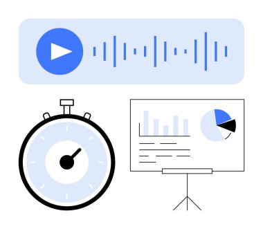 Kronometre ve saat yüz, ses dalgalı ses oynatma tuşu, grafikli sunum tahtası ve pasta grafiği. Üretkenlik, zaman izleme, proje yönetimi, sunum, veri analizi için ideal