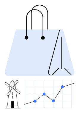 Large shopping bag, upward trend line chart with blue dots, and windmill combine retail, economic growth, sustainability. Ideal for business, economy, trade, green energy shopping innovation clipart