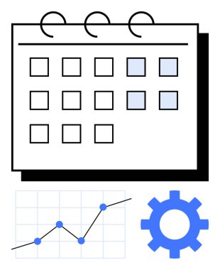 İşaretli tarihler, yükselen büyüme grafiği ve zamanlamayı, ilerleme takibini ve işlem verimliliğini sembolize eden bir dişli simgesi. Zaman yönetimi, üretkenlik, veri analizi için ideal