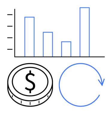 Finansal ölçümleri gösteren bar çizelgesi, parayı sembolize eden dolar parası ve ilerleme için dairesel ok. İş, finans, yatırım, analitik, büyüme, ekonomi ve soyut çizgi için ideal