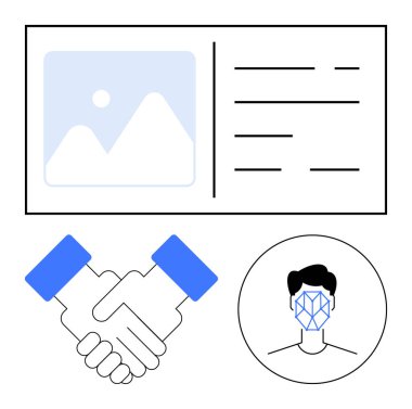 Resim, yüz tanıma sistemi, dijital kimlik kartı şablonu ve güçlü tokalaşma yoluyla kimlik doğrulamasını vurgular. Teknoloji, iş dünyası güveni, güvenlik, biyometri ve takım çalışması için ideal