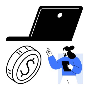Elinde tablet jestler tutan bir kadın, dizüstü bilgisayar online odaklanma öneriyor, madeni paralar finansmanı ön plana çıkarıyor. Çevrimiçi iş, mali eğitim, ekonomi, iş stratejisi, fintech, yenilik için ideal