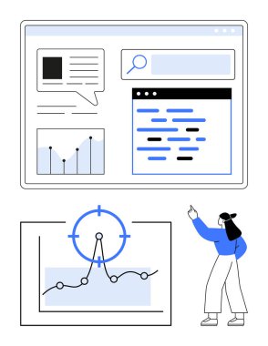 Analiz paneli arama çubuğu, sohbet penceresi, grafik trendleri ve kodlama elemanlarını içerir. Kadın grafikte hedefi işaret ediyor. Analiz, yazılım, araştırma, SEO strateji veri soyut çizgisi için ideal