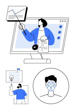 Sunucuyla etkileşimli çevrimiçi eğitim, veri analiz grafikleri, ampul fikri ve yüz tanıma sistemi. Eğitim, yapay zeka, teknoloji, yenilik, analitik takım çalışması için ideal dijital