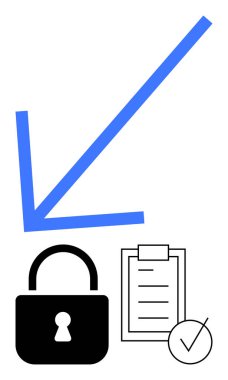 Mavi aşağı doğru ok siyah asma kilidi, kontrol listesini ve işaretleri gösteriyor. Güvenlik, uyum, veri koruması, stratejik seçimler, risk yönetimi, siber güvenlik soyut çizgisi düz metaforu için ideal