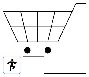 Minimum alışveriş arabası grafiği ve koşu figürü. Dış ticaret, perakende trendler, hızlı alımlar, dağıtım hızı, lojistik kavramlar, hareketlilik, modern ticaret soyut çizgisi için ideal