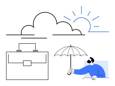 Bulutların altında şemsiye tutan ve yakınında evrak çantası olan bir adam. Sigorta, hava tahmini, işyeri güvenliği, iş planlaması, risk yönetimi, güvenlik, soyut hat