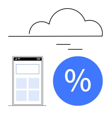 Mobil akıllı telefon arayüzü çizilmiş bulutun altında mavi yüzde sembolünün yanında. Bulut depolama, veri analizi, mali büyüme, dijital strateji, mobil uygulamalar, yazılım için ideal