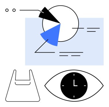 Soyut pasta tablosu, göz içindeki saat ve alışveriş torbası ana hatları zamanı, sürdürülebilirliği, veriyi, iş analizini vurguluyor. Bilgi grafikleri, çevre dostu fikirler, soyut tasarım düşüncesi için ideal.