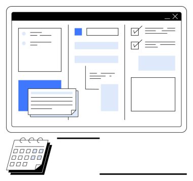 Masaüstü takviminin yanında görev listelerini, formlarını ve gereçleri gösteren bilgisayar ekranı. Görev yönetimi, iş akışı stratejileri, programlama, verimlilik, verimlilik, soyut çizgi planlama için ideal