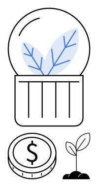 Yapraklı dünya, filizlenen bitki, çevresel sürdürülebilirlik, yeşil finans ve yenilik tasvir eden dolar bozuk para. Eko-yatırım için ideal, girişimler, büyüme, ekonomi doğası geleceğe odaklı