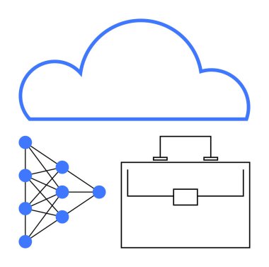 Sinirsel ağ bağlantıları ve evrak çantası görselleştirme işi, yapay zeka, ağ oluşturma ve dijital yeniliğe sahip bir bulut. Teknoloji, yapay zeka stratejisi, veri bilimi, bulut hizmetleri, iş bilgisayarları için ideal