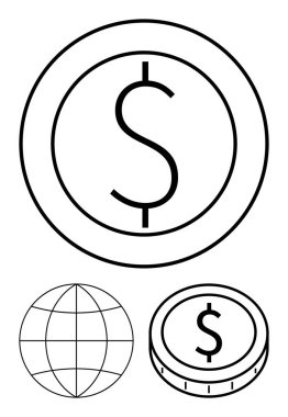 Önde dolar işareti madeni para, dünya küresi küresel ekonomiyi sembolize ediyor, finansal yenilikler için perspektif parası. Para yönetimi, ekonomi, yatırım, küresel ticaret ve bankacılık için ideal