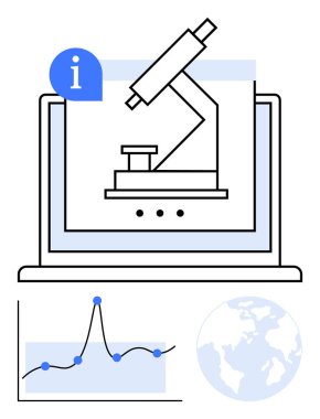 Laptop bilgi sembolü, veri grafiği ve küredeki mikroskop bilimsel araştırmaları temsil ediyor. Eğitim, teknoloji, yenilik, küresel çalışmalar, veri analizi, bilim iletişimi için ideal