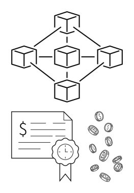 Birbirine bağlı küplerden oluşan blok zinciri ağı. Dolar işareti ve şeritli sertifika. Bozukluklar etrafa saçılmış. Engelleme zinciri, fintech, ağ oluşturma, akıllı sözleşmeler, dijital para birimi için ideal