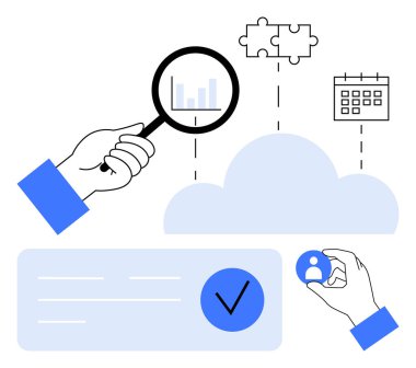 Veri tablosu, bulut üzerinde yüzen bulmaca parçası ve takvim, kullanıcı simgesi ve alttaki işaretleme büyüteç incelemesi. Bulut hesaplama, veri analizi, proje yönetimi ve kullanıcı için ideal