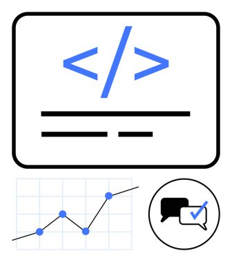 Satır etiketli kodlama, eksenli veri grafiği ve işaretli sohbet baloncuğu. Programlama, veri analizi, teknoloji iletişimi, ilerleme izleme, web tasarımı, yazılım işbirliği için ideal