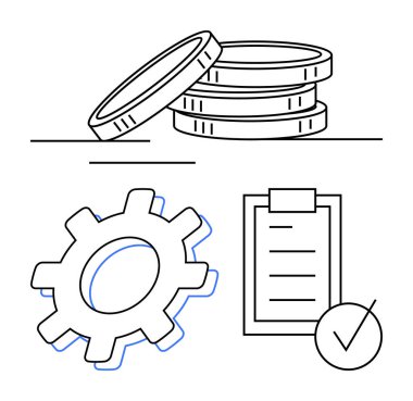 Maliye için birikmiş madeni paralar, görev tamamlama için keneli kontrol listesi, faaliyet için teçhizat. İş stratejisi, proje yönetimi, maliyet optimizasyonu, iş akışı, verimlilik, başarı soyut
