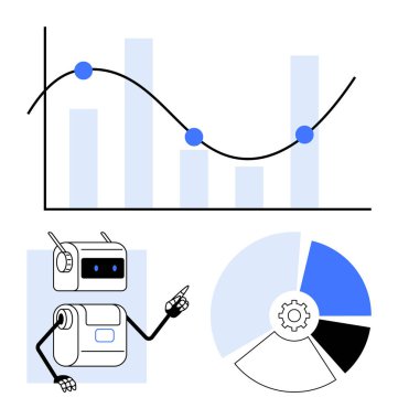 Veri tablosu elementlerine sahip robot veri noktaları pasta grafiği ve dişli bir çubuk grafik çizelgesi içerir. İş, teknoloji, veri analizi, yapay zeka, otomasyon, istatistik ve yenilik için ideal. Çizgi