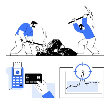 Taşlar üzerinde çalışan iki madenci, POS terminalinde bağlantısız kart ödemesi ve veri analizi grafiği. Kripto para birimi, engelleme zinciri, ticaret, finans, ödemeler, dijital teknoloji için ideal