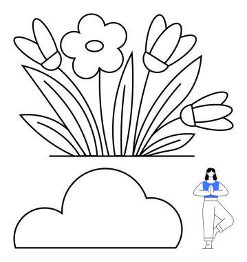 Yoga pozu veren bir kadın, geniş bir çiçek çizimi, birden fazla taç yaprağı ve bir bulutun üzerinde yapraklar. Farkındalık, meditasyon, doğa teması, rahatlama, refah, basitlik ve denge için idealdir. Çizgi