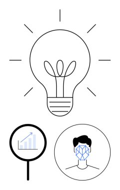Işıklı ampul, büyüme grafiğinin üzerinde büyüteç ve dairesel çerçevede yüz tanıma sistemi. Yenilik, teknoloji, analitik, yaratıcılık, yapay zeka, problem çözme soyut çizgisi için ideal
